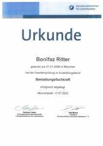 Urkunde Ausbildung Bonifaz Ritter 2025